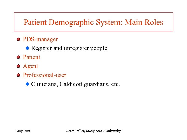 Patient Demographic System: Main Roles PDS-manager Register and unregister people Patient Agent Professional-user Clinicians,