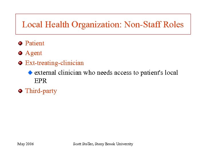 Local Health Organization: Non-Staff Roles Patient Agent Ext-treating-clinician external clinician who needs access to