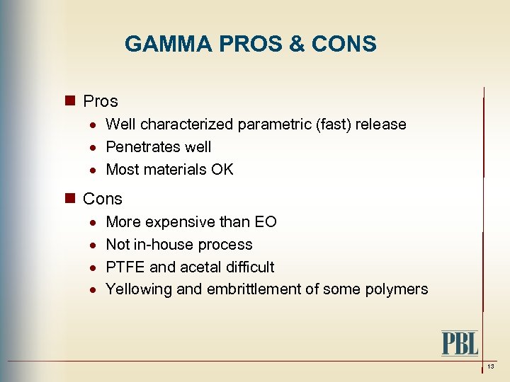 GAMMA PROS & CONS n Pros · Well characterized parametric (fast) release · Penetrates