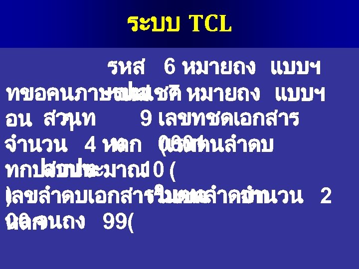 ระบบ TCL รหส 6 หมายถง แบบฯ รหส 7 ทขอคนภาษเปนเชค หมายถง แบบฯ 9 เลขทชดเอกสาร อน