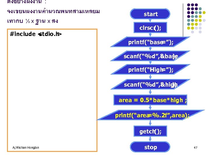ตงอยางผงงาน : จงเขยนผงงานคำนวณพนทสามเหลยม เทากบ ½ x ฐาน x สง #include < stdio. h >
