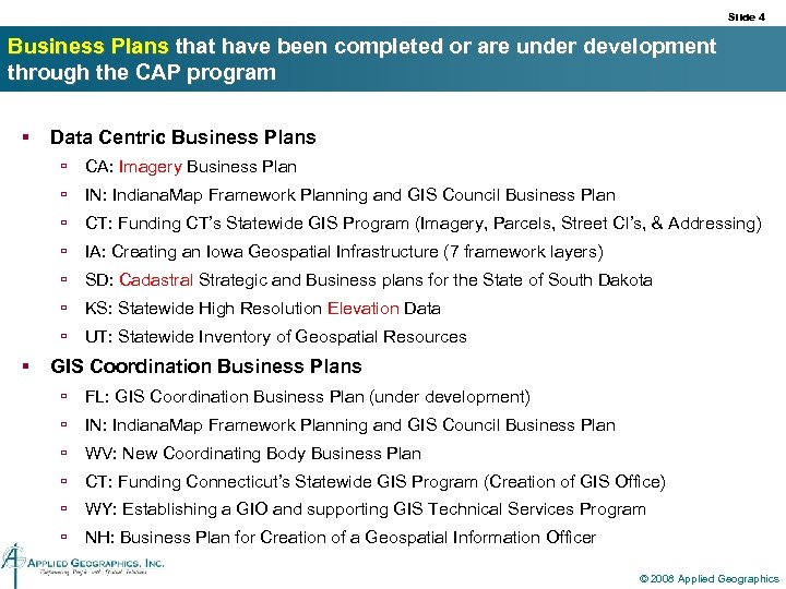 Slide 4 Business Plans that have been completed or are under development through the