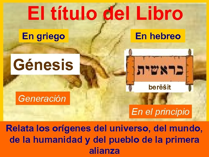El título del Libro En griego En hebreo Génesis berēšît Generación En el principio