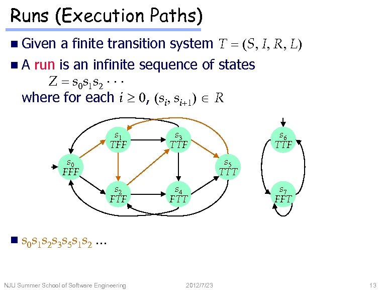 Runs (Execution Paths) n Given a finite transition system T = (S, I, R,