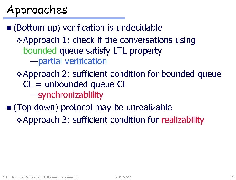Approaches n (Bottom up) verification is undecidable v Approach 1: check if the conversations
