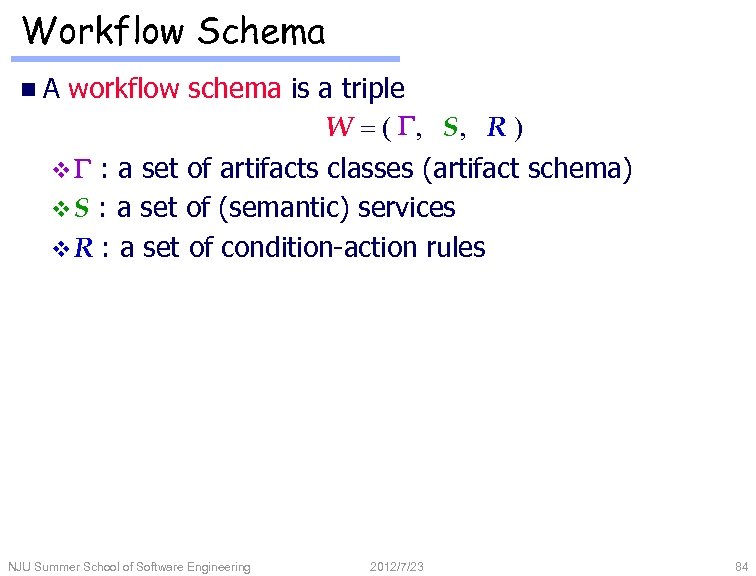 Workflow Schema n. A workflow schema is a triple W = ( G, S,