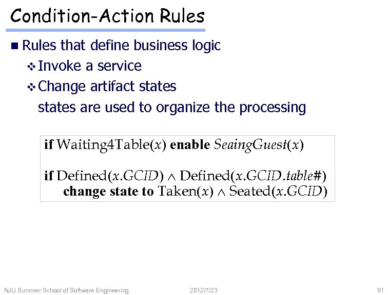 Condition-Action Rules that define business logic v Invoke a service v Change artifact states