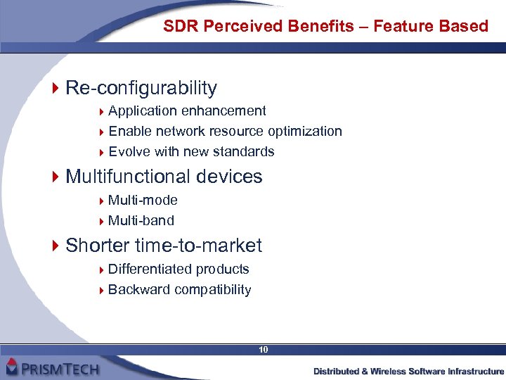 SDR Perceived Benefits – Feature Based 4 Re-configurability 4 Application enhancement 4 Enable network