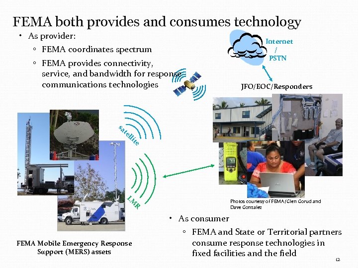 FEMA both provides and consumes technology • As provider: ◦ FEMA coordinates spectrum ◦