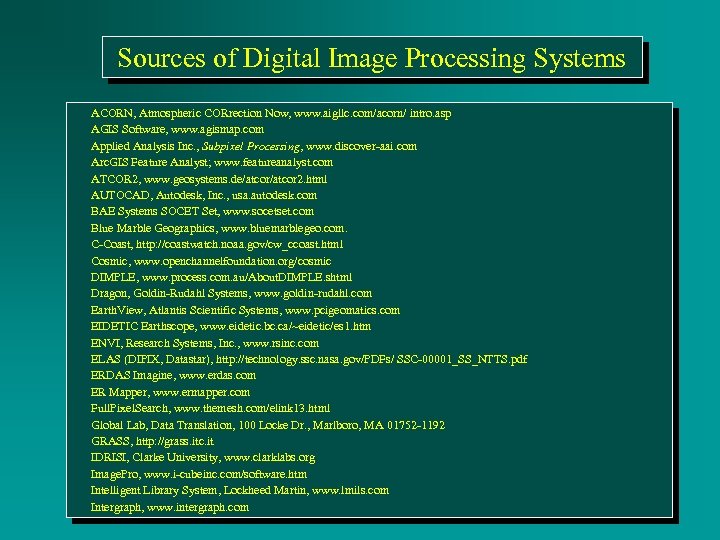 Sources of Digital Image Processing Systems ACORN, Atmospheric CORrection Now, www. aigllc. com/acorn/ intro.