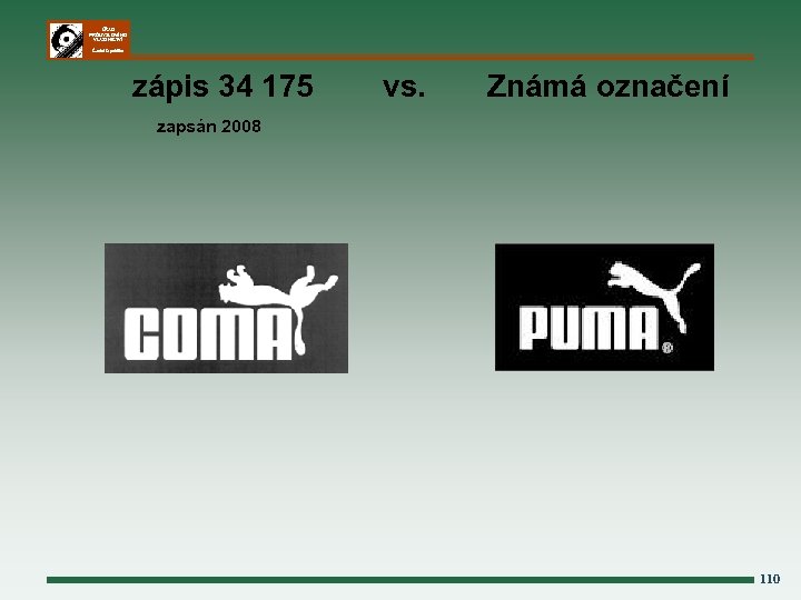 ÚŘAD PRŮMYSLOVÉHO VLASTNICTVÍ Česká republika zápis 34 175 vs. Známá označení zapsán 2008 110
