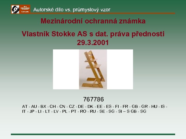 ÚŘAD PRŮMYSLOVÉHO VLASTNICTVÍ Česká republika Autorské dílo vs. průmyslový vzor Mezinárodní ochranná známka Vlastník