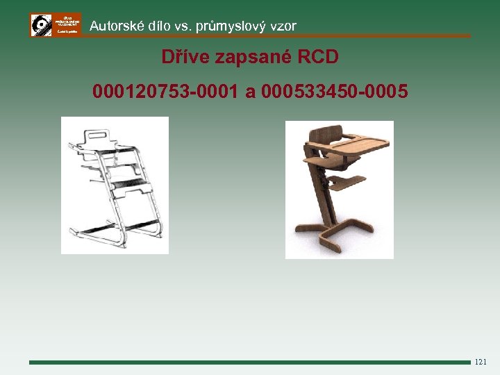 ÚŘAD PRŮMYSLOVÉHO VLASTNICTVÍ Česká republika Autorské dílo vs. průmyslový vzor Dříve zapsané RCD 000120753