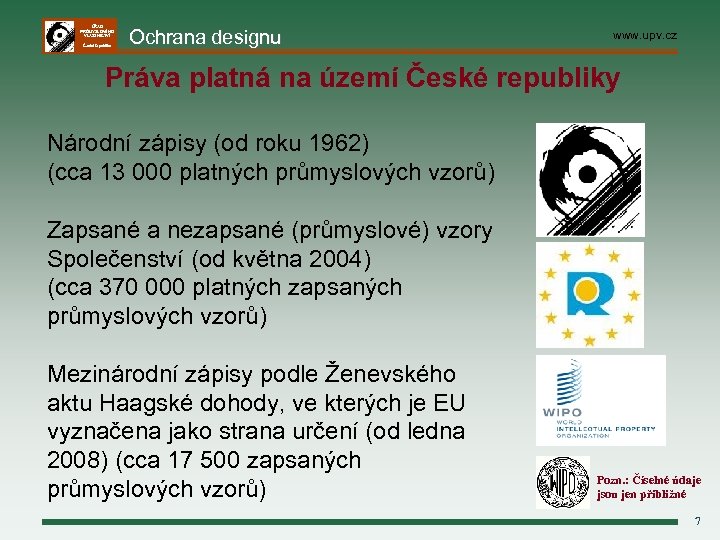 ÚŘAD PRŮMYSLOVÉHO VLASTNICTVÍ Česká republika Ochrana designu www. upv. cz Práva platná na území