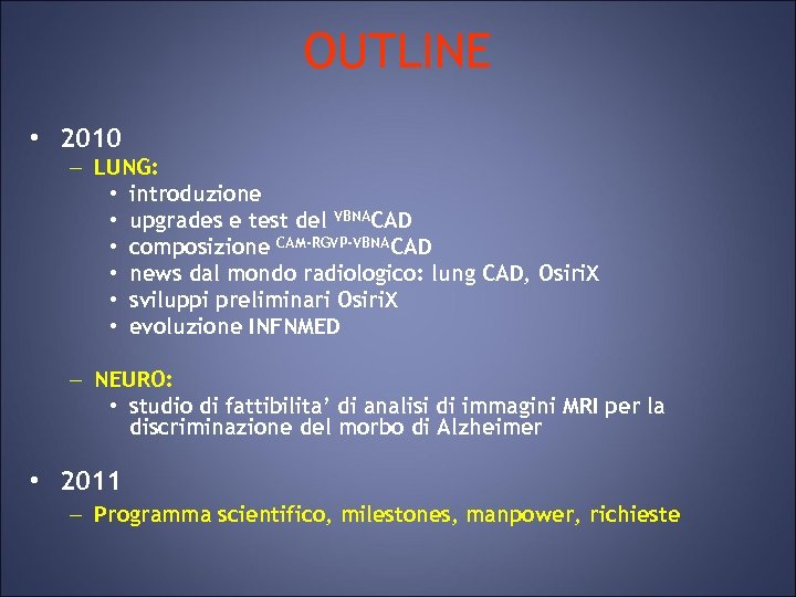 OUTLINE • 2010 – LUNG: • introduzione • upgrades e test del VBNACAD •