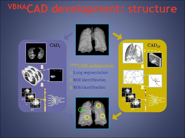 VBNACAD development: structure CAD input CADI CADJP VBNACAD architecture: 1. Lung segmentation ROI 2.