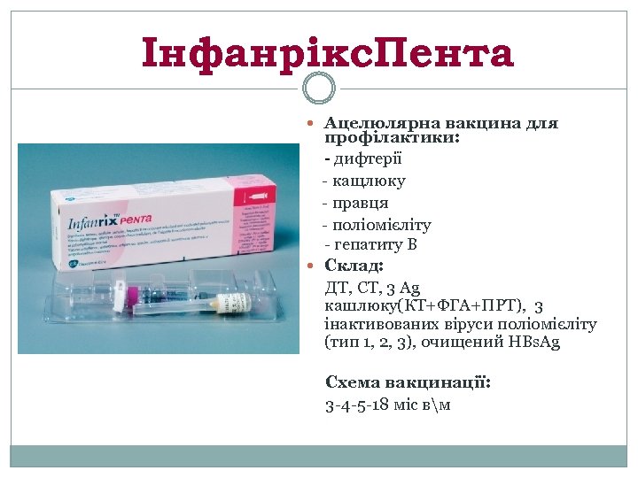 Інфанрікс. Пента Ацелюлярна вакцина для профілактики: - дифтерії - кащлюку - правця - поліомієліту
