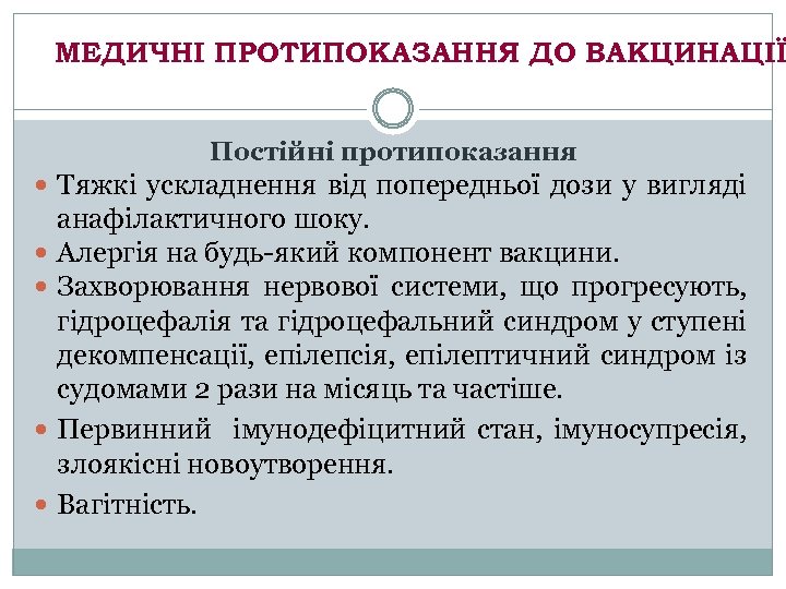 МЕДИЧНІ ПРОТИПОКАЗАННЯ ДО ВАКЦИНАЦІЇ Постійні протипоказання Тяжкі ускладнення від попередньої дози у вигляді анафілактичного