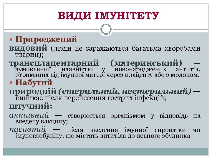 ВИДИ ІМУНІТЕТУ Природжений видовий (люди не заражаються багатьма хворобами тварин); трансплацентарний (материнський) — зумовлений