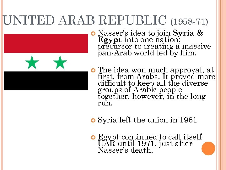 UNITED ARAB REPUBLIC (1958 -71) Nasser’s idea to join Syria & Egypt into one