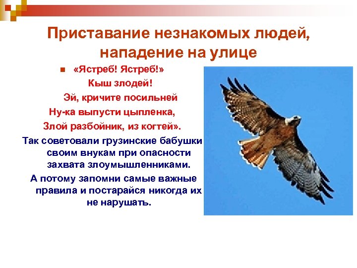 Приставание незнакомых людей, нападение на улице «Ястреб!» Кыш злодей! Эй, кричите посильней Ну-ка выпусти