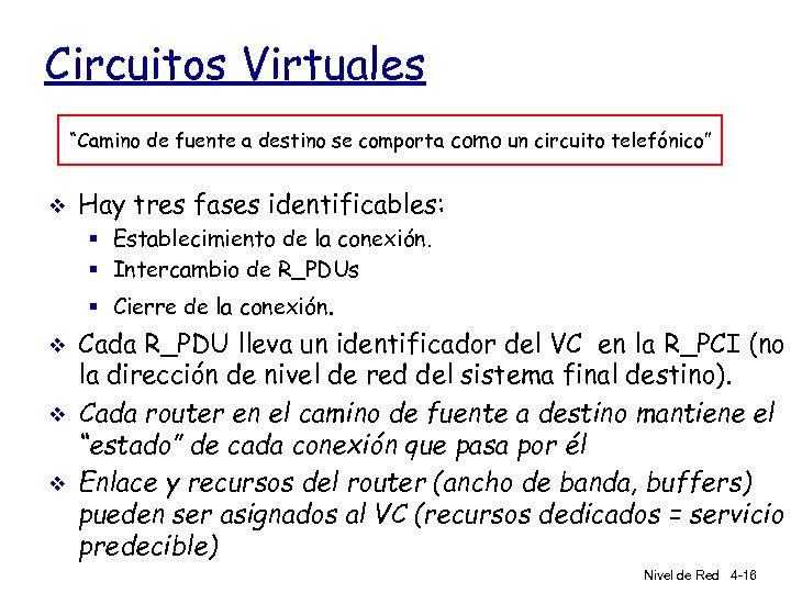 Circuitos Virtuales “Camino de fuente a destino se comporta como un circuito telefónico” v