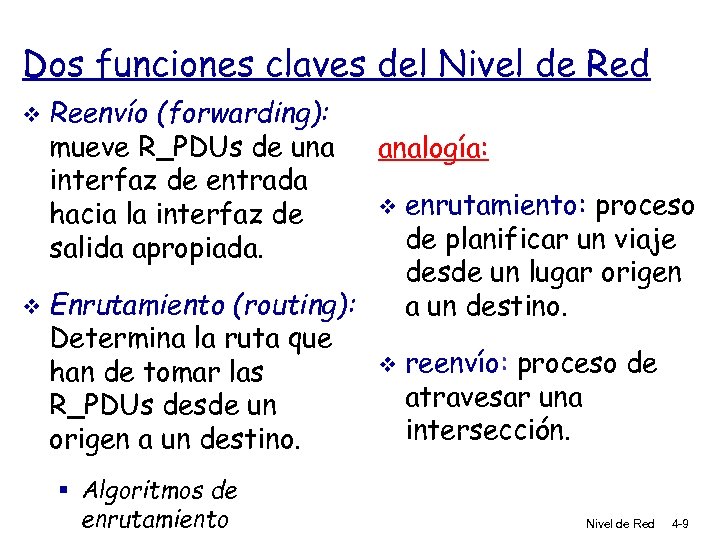 Dos funciones claves del Nivel de Red v v Reenvío (forwarding): mueve R_PDUs de