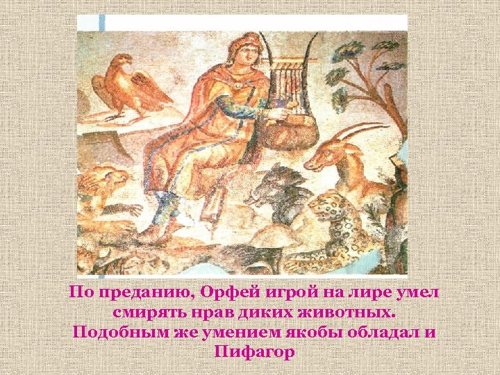 По преданию, Орфей игрой на лире умел смирять нрав диких животных. Подобным же умением