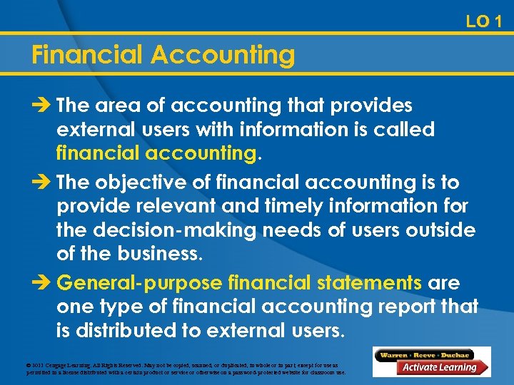 LO 1 Financial Accounting è The area of accounting that provides external users with