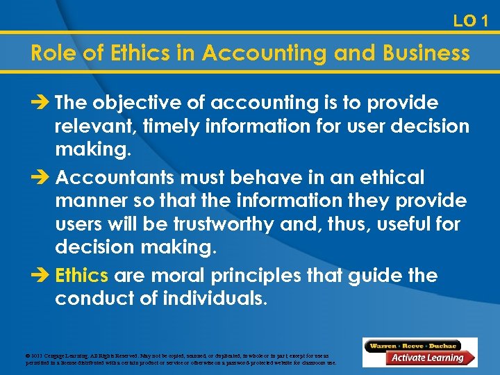 LO 1 Role of Ethics in Accounting and Business è The objective of accounting