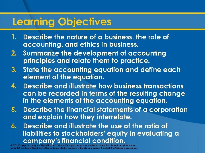 Learning Objectives 1. Describe the nature of a business, the role of accounting, and