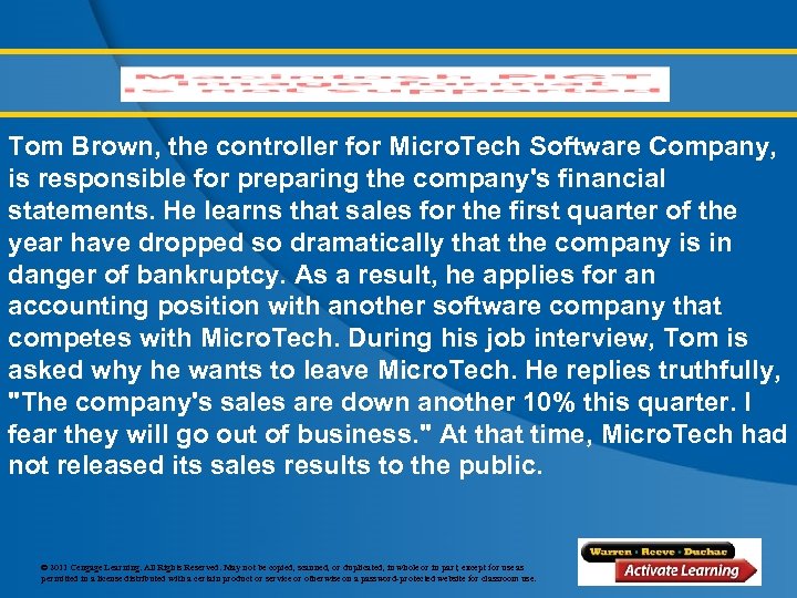 Tom Brown, the controller for Micro. Tech Software Company, is responsible for preparing the