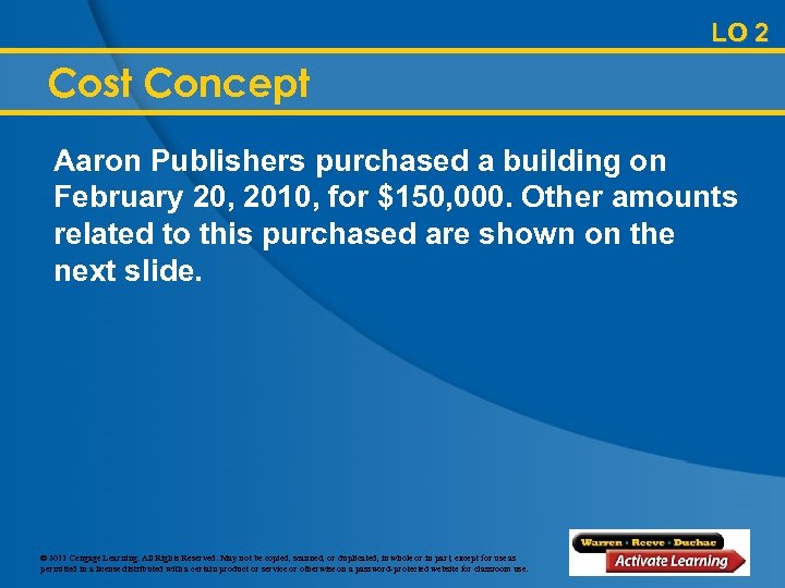 LO 2 Cost Concept Aaron Publishers purchased a building on February 20, 2010, for