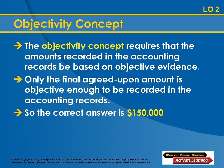 LO 2 Objectivity Concept è The objectivity concept requires that the amounts recorded in
