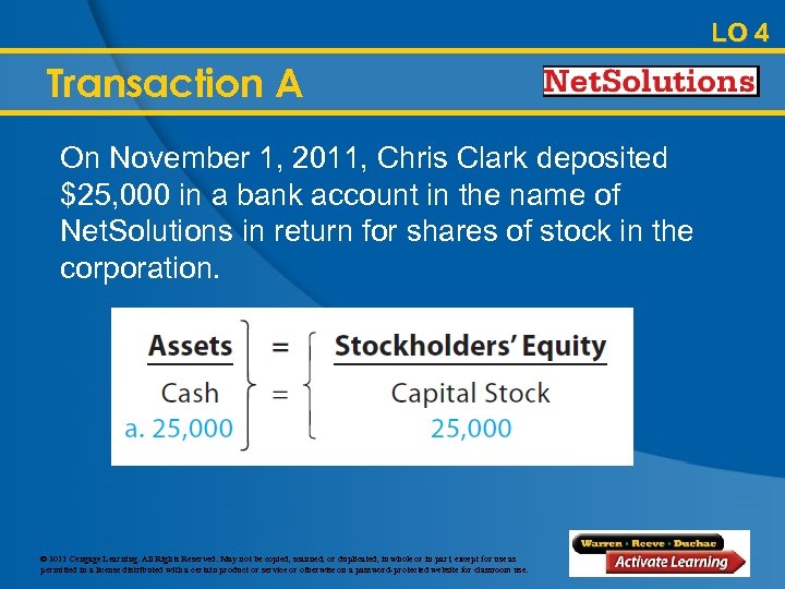 LO 4 Transaction A On November 1, 2011, Chris Clark deposited $25, 000 in