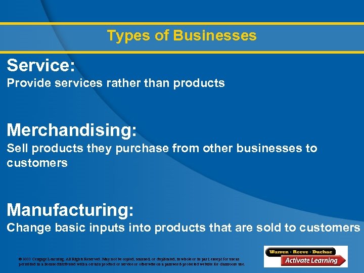 Types of Businesses Service: Provide services rather than products Merchandising: Sell products they purchase
