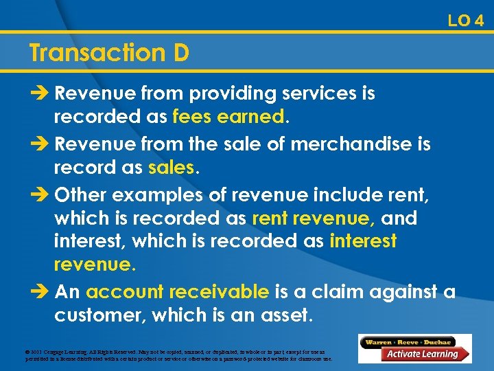 LO 4 Transaction D è Revenue from providing services is recorded as fees earned.