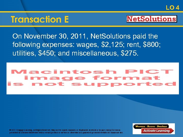 LO 4 Transaction E On November 30, 2011, Net. Solutions paid the following expenses: