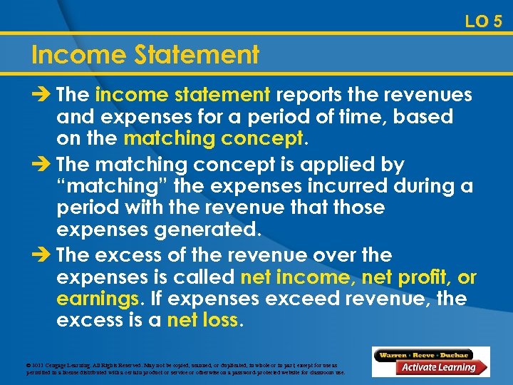 LO 5 Income Statement è The income statement reports the revenues and expenses for