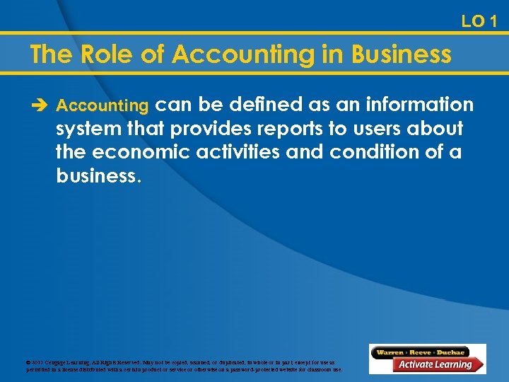 LO 1 The Role of Accounting in Business è Accounting can be defined as
