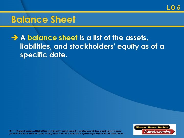 LO 5 Balance Sheet è A balance sheet is a list of the assets,
