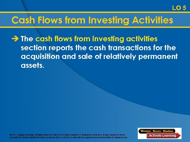 LO 5 Cash Flows from Investing Activities è The cash flows from investing activities