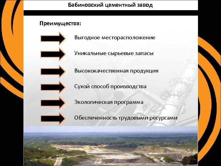 Бабиновский цементный завод Преимущества: Выгодное месторасположение Уникальные сырьевые запасы Высококачественная продукция Сухой способ производства