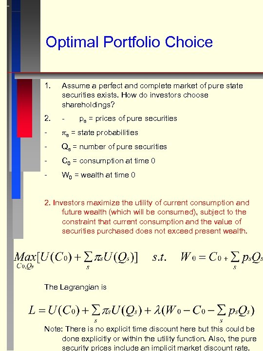 Optimal Portfolio Choice 1. Assume a perfect and complete market of pure state securities