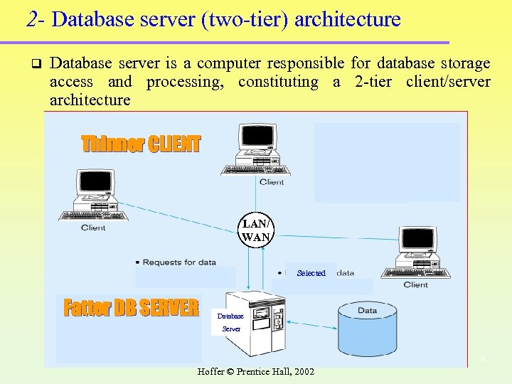 2 - Database server (two-tier) architecture q Database server is a computer responsible for