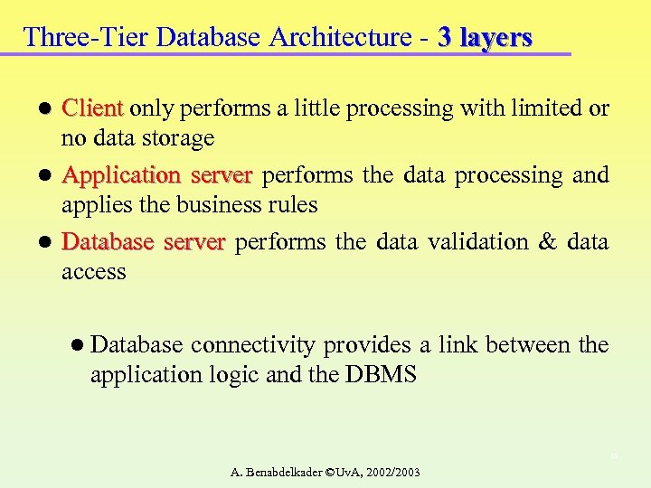 Three-Tier Database Architecture - 3 layers Client only performs a little processing with limited