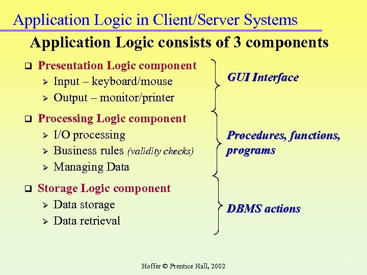 Application Logic in Client/Server Systems Application Logic consists of 3 components q Presentation Logic