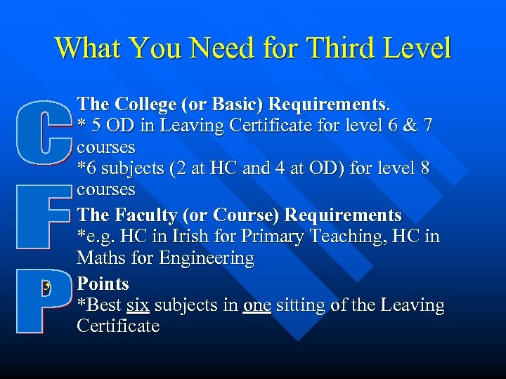 What You Need for Third Level 1. 2. 3. The College (or Basic) Requirements.
