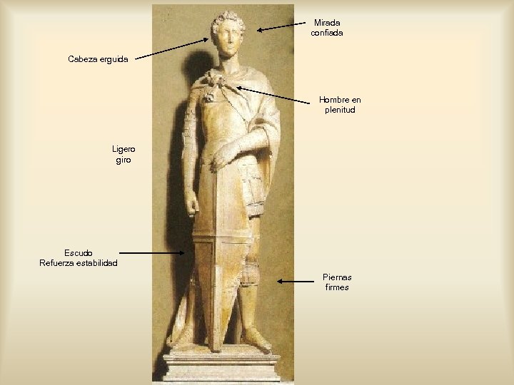 Mirada confiada Cabeza erguida Hombre en plenitud Ligero giro Escudo Refuerza estabilidad Piernas firmes