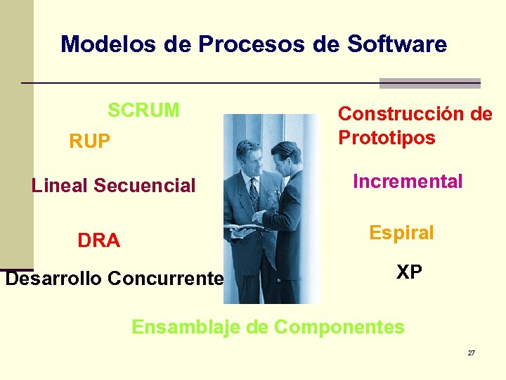 Modelos de Procesos de Software SCRUM RUP Lineal Secuencial Construcción de Prototipos Incremental Espiral